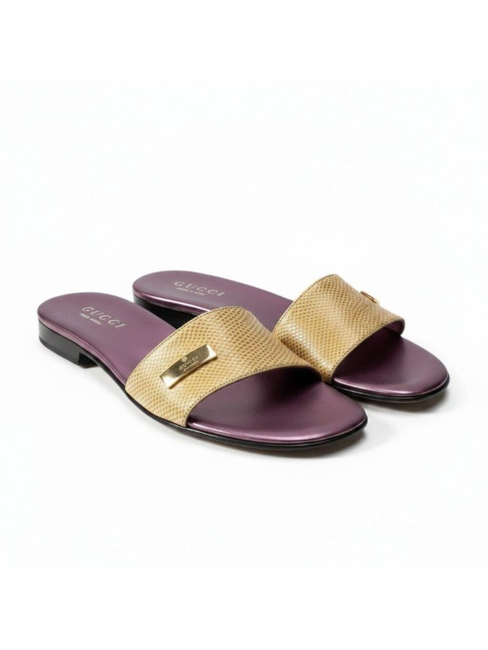 Gucci Leather Sandals Logo Plate Purple Beige